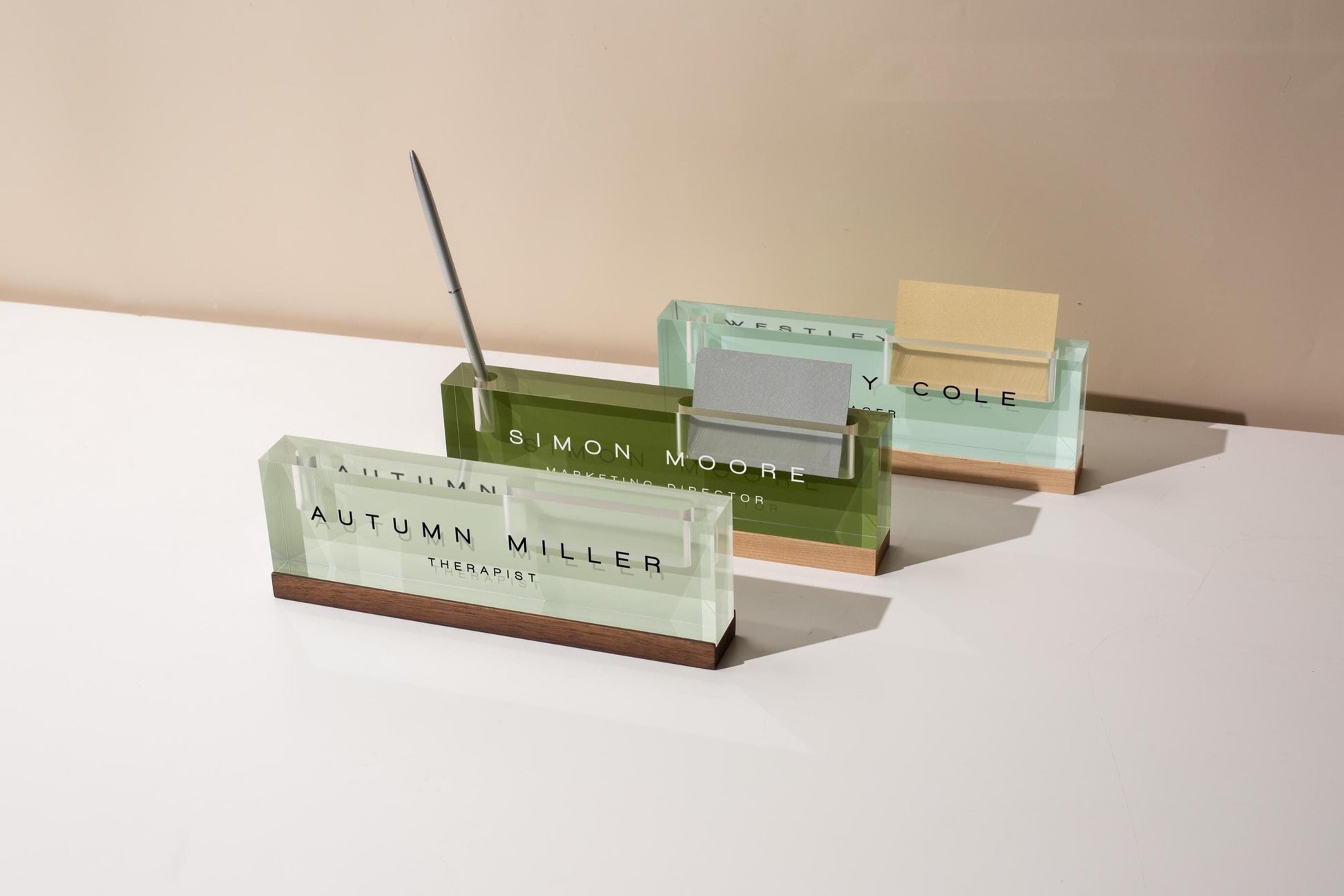 Pastel Acrylic Name Block w/ Slots (D3) - Custom Job Title Plaque Office Desk Pen Business Card Holder Company Staff Sign Doctor CEO Gifts