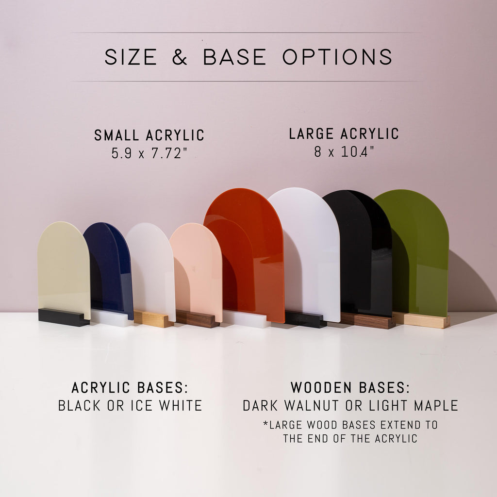 Arch Acrylic Sign w/ Base (D1) - Please Sign Our Photo Guestbook Table Decor Signage, Polaroid Photobooth Display, Wood or Acrylic Stand