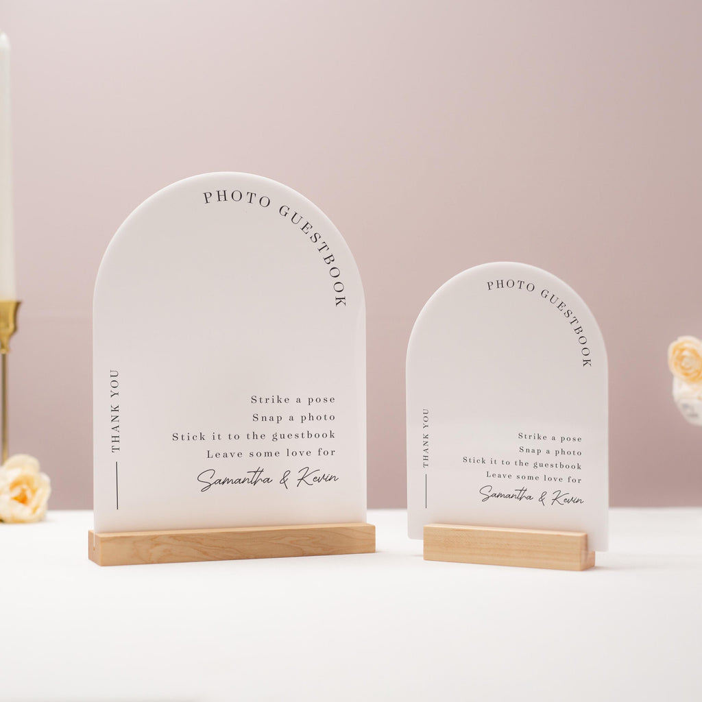 Arch Acrylic Sign w/ Base (D1) - Please Sign Our Photo Guestbook Table Decor Signage, Polaroid Photobooth Display, Wood or Acrylic Stand