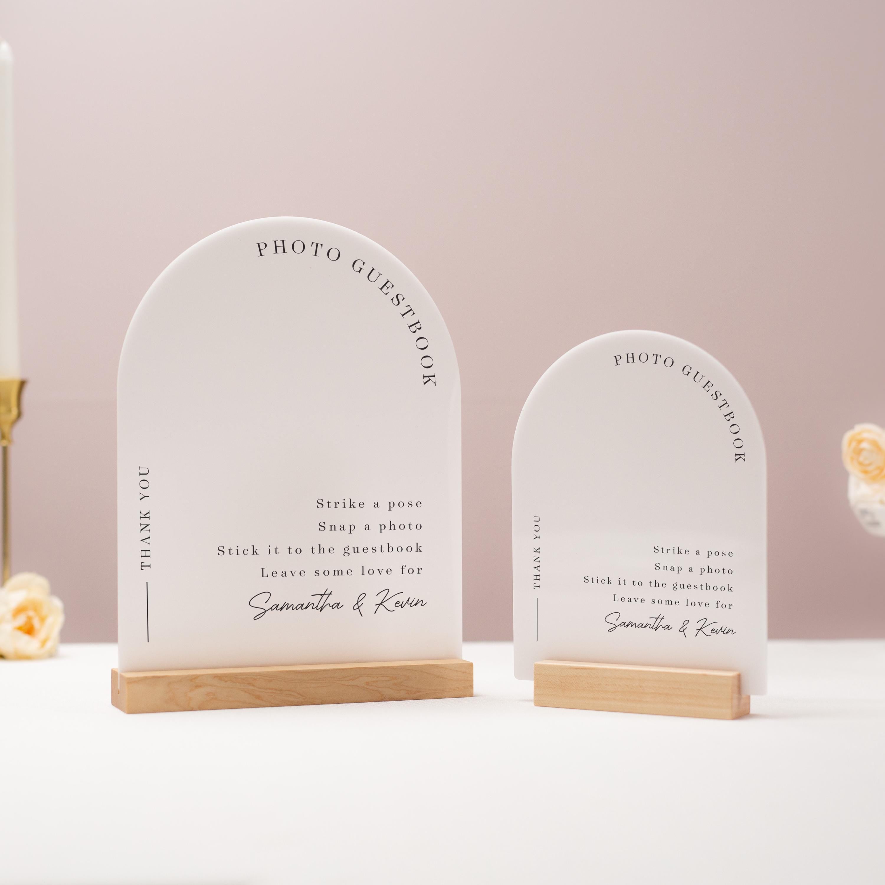Arch Acrylic Sign w/ Base (D1) - Please Sign Our Photo Guestbook Table Decor Signage, Polaroid Photobooth Display, Wood or Acrylic Stand