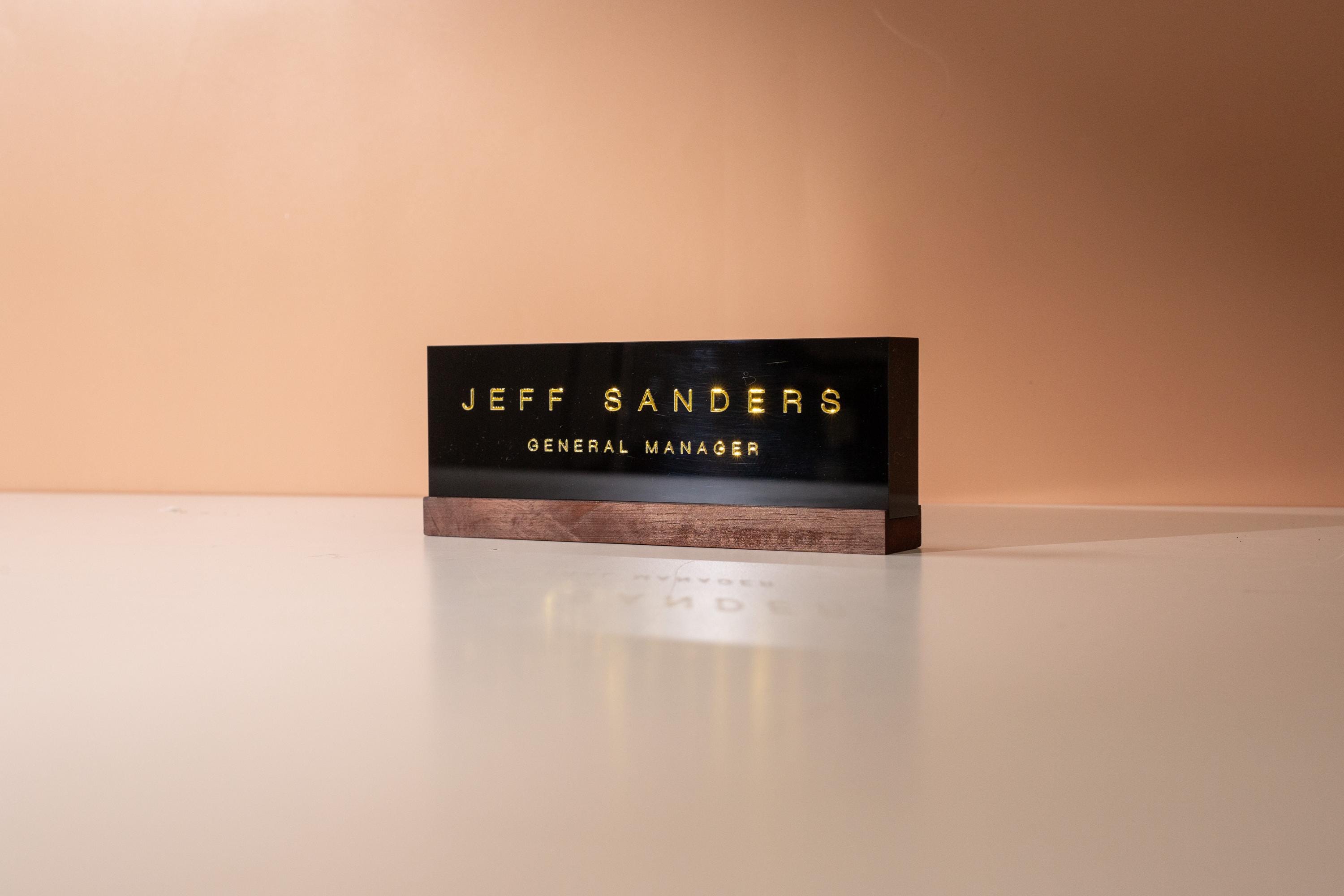 Black Acrylic Foil Name Block - Personalized Custom Gold Silver Text Job Title Plaque Office Table Desk Business Decor Staff Sign Gift