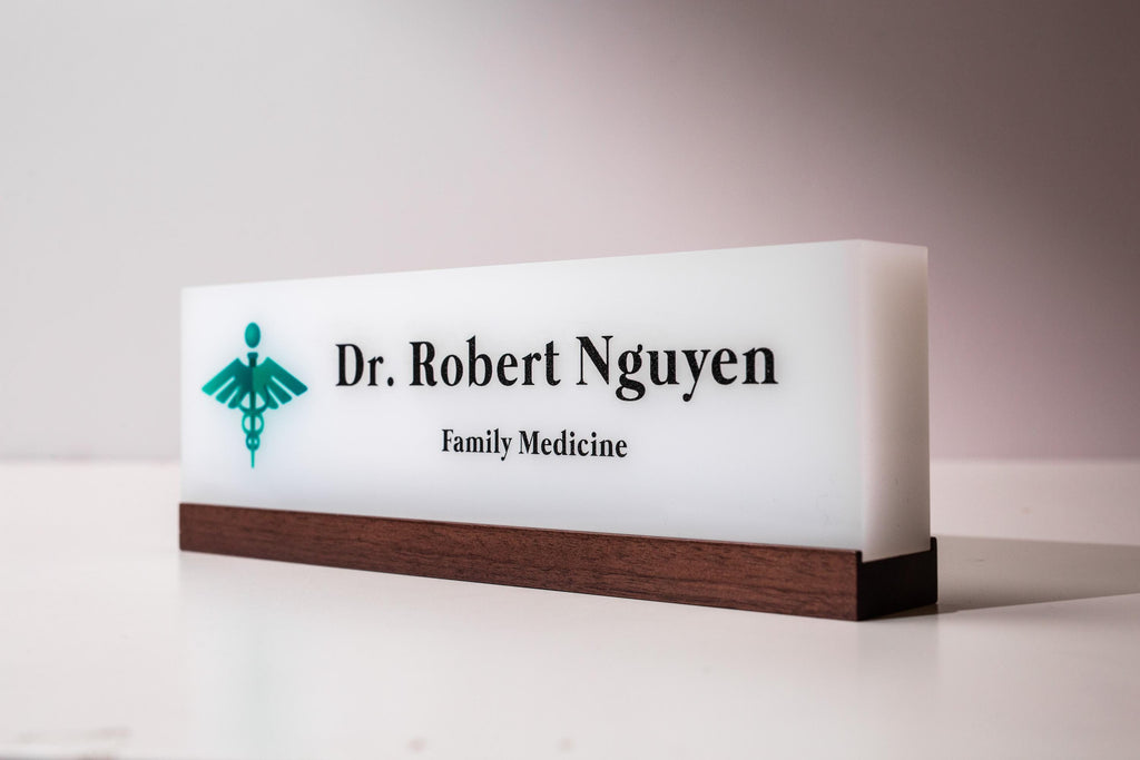 Personalized Acrylic Name Block w/ Logo (D2) - Physician MD Doctor Caduceus Desk Sign, Medical Career Appreciation Gift, Clinic Office Decor