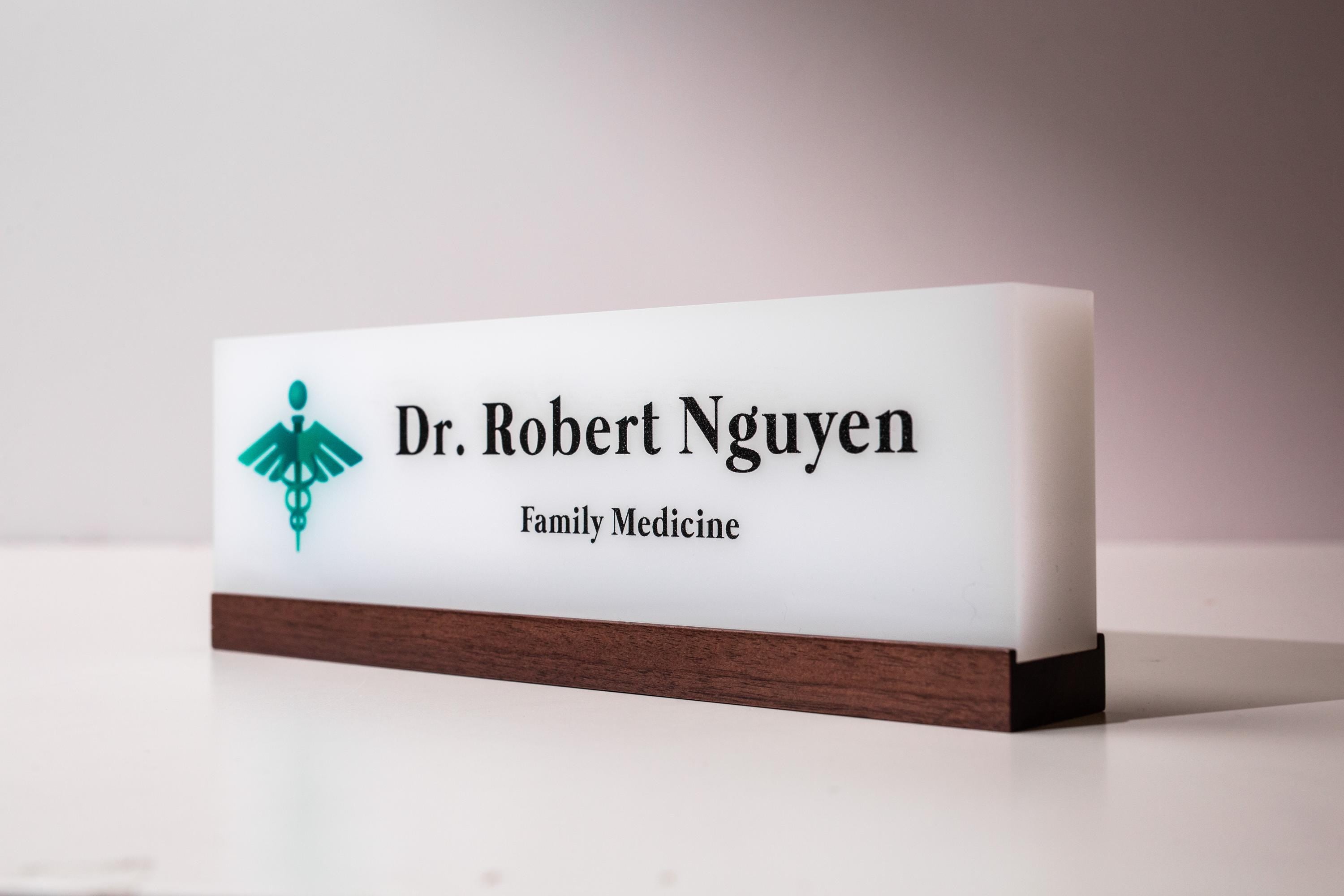 Personalized Acrylic Name Block w/ Logo (D2) - Physician MD Doctor Caduceus Desk Sign, Medical Career Appreciation Gift, Clinic Office Decor