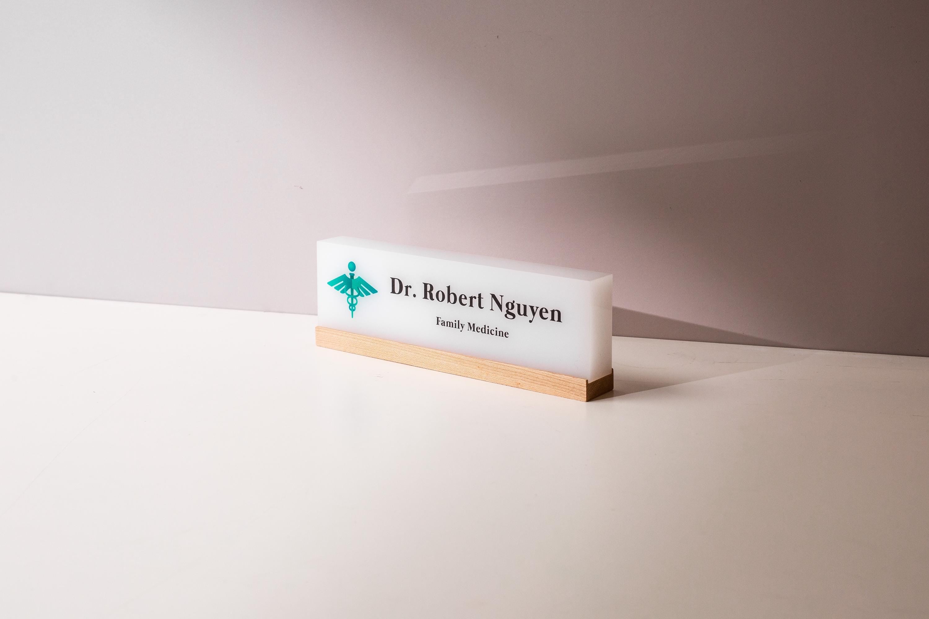 Personalized Acrylic Name Block w/ Logo (D2) - Physician MD Doctor Caduceus Desk Sign, Medical Career Appreciation Gift, Clinic Office Decor