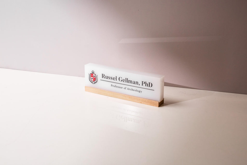 Personalized Acrylic Name Block w/ Logo (D3) - Job Sign Professor School University Teacher Desk Decor Graduation Gift for Doctorate Masters