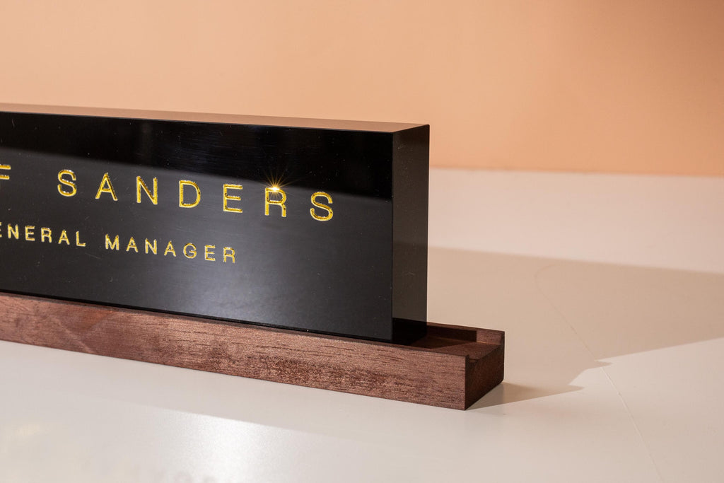 Black Acrylic Foil Name Block - Personalized Custom Gold Silver Text Job Title Plaque Office Table Desk Business Decor Staff Sign Gift