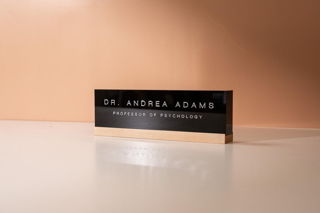 Black Acrylic Foil Name Block - Personalized Custom Gold Silver Text Job Title Plaque Office Table Desk Business Decor Staff Sign Gift
