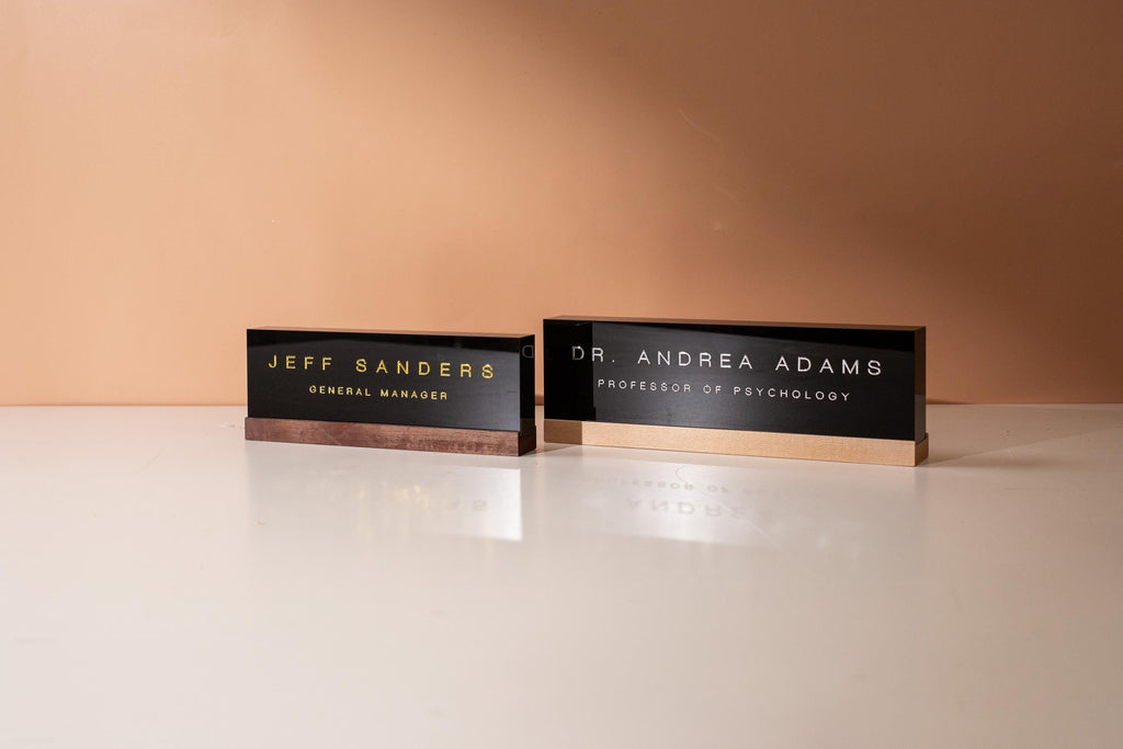 Black Acrylic Foil Name Block - Personalized Custom Gold Silver Text Job Title Plaque Office Table Desk Business Decor Staff Sign Gift