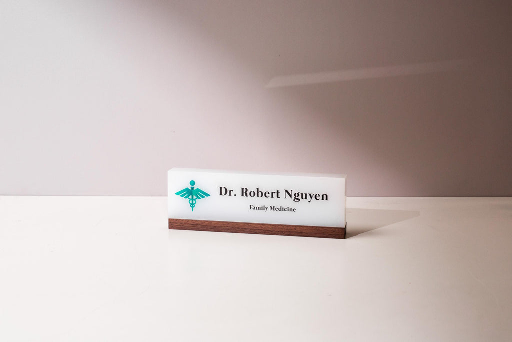 Personalized Acrylic Name Block w/ Logo (D2) - Physician MD Doctor Caduceus Desk Sign, Medical Career Appreciation Gift, Clinic Office Decor