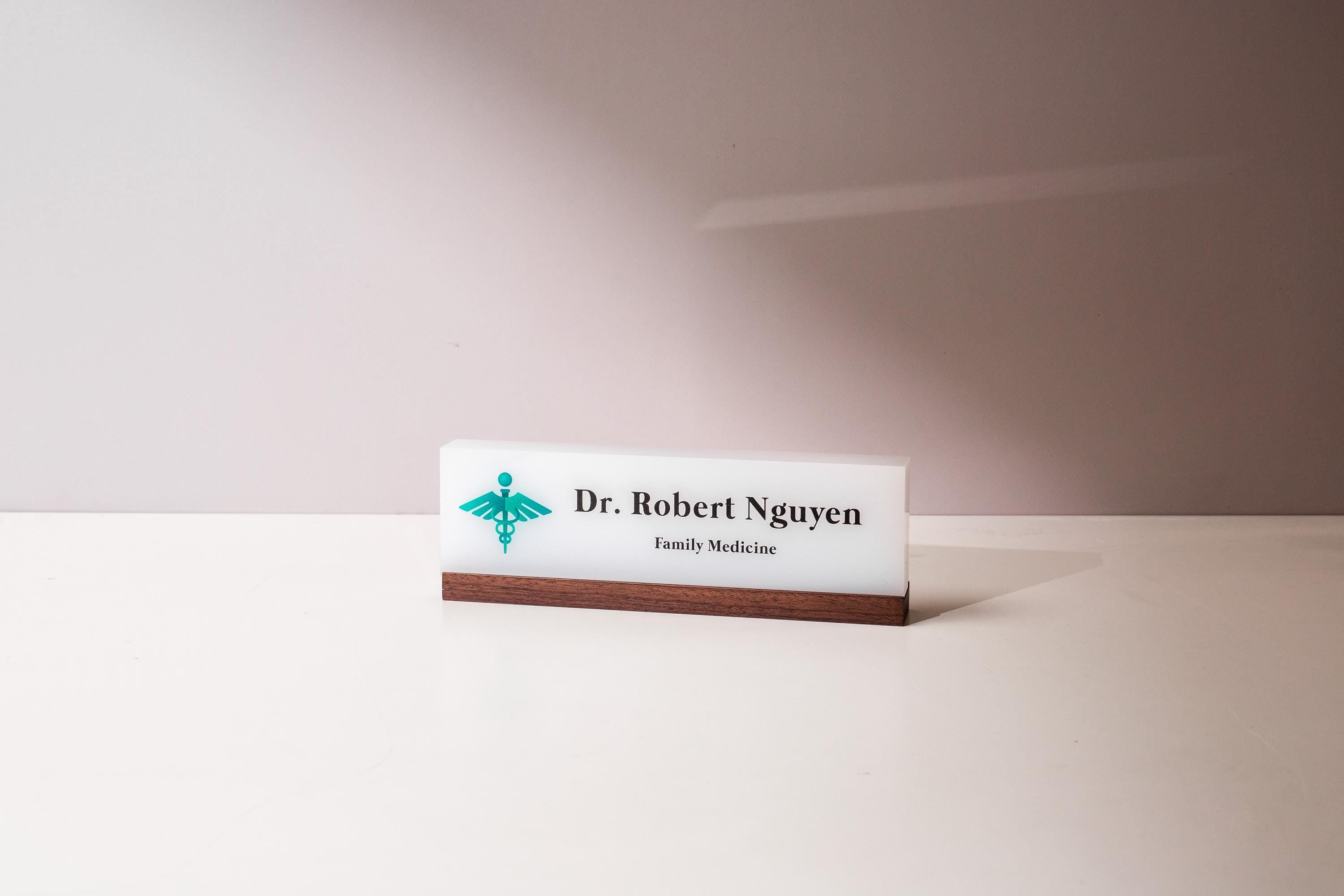 Personalized Acrylic Name Block w/ Logo (D2) - Physician MD Doctor Caduceus Desk Sign, Medical Career Appreciation Gift, Clinic Office Decor