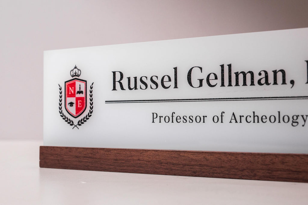 Personalized Acrylic Name Block w/ Logo (D3) - Job Sign Professor School University Teacher Desk Decor Graduation Gift for Doctorate Masters