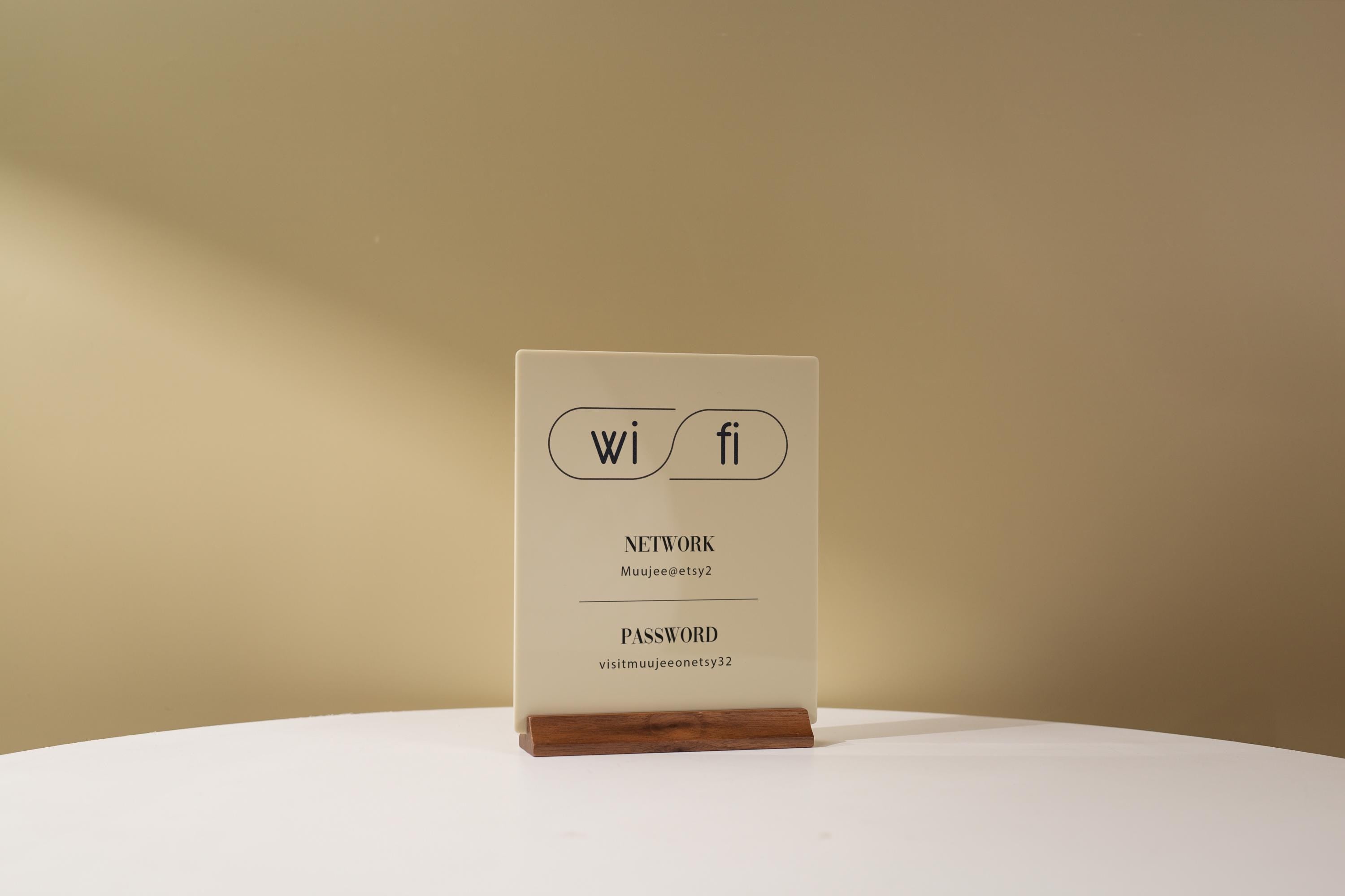Wifi Acrylic Sign w/ Wood Base - 6.5 x 7.75" Table Signage for Home & Airbnb Rental, Custom Office Small Business Salons Restaurants Bar