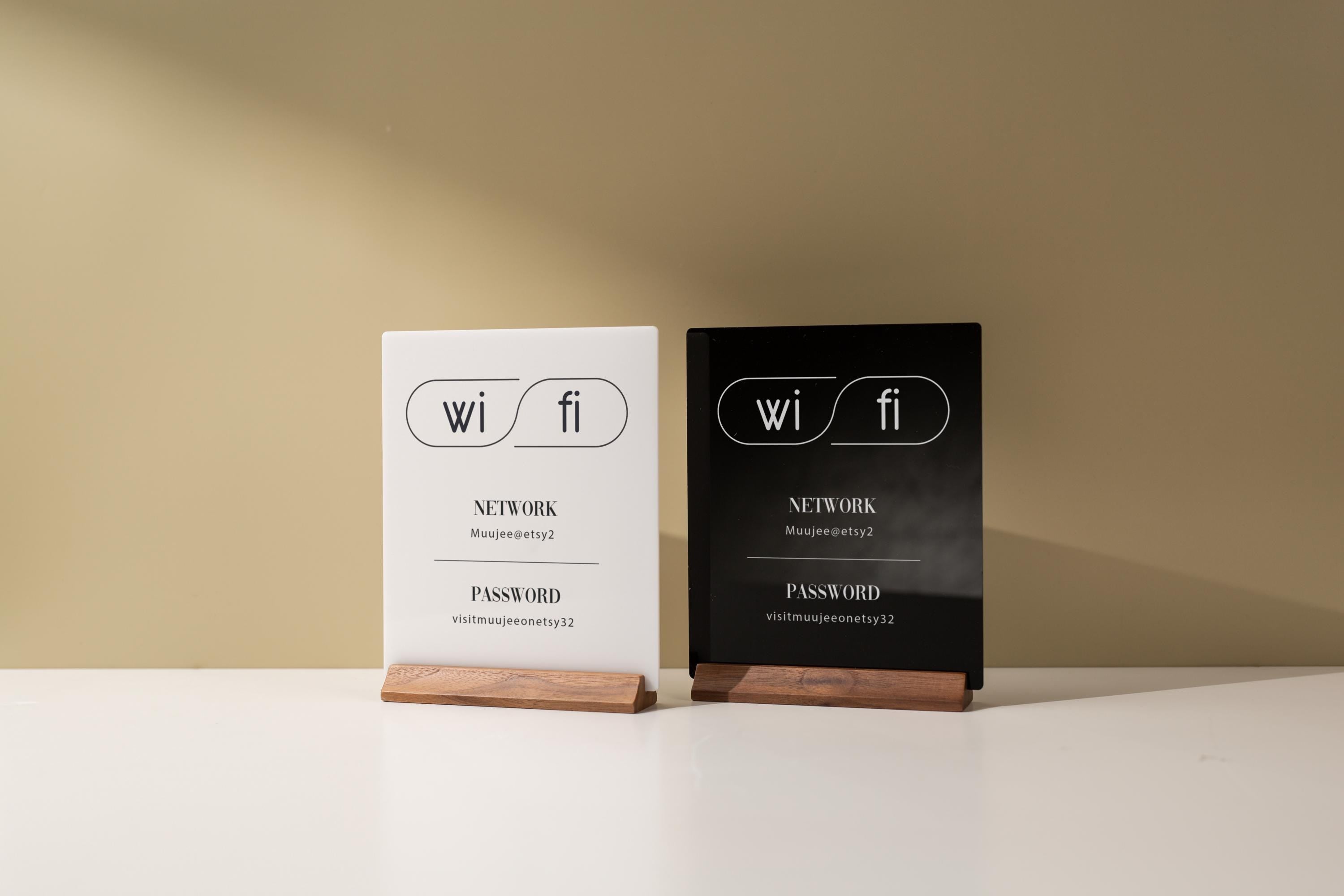 Wifi Acrylic Sign w/ Wood Base - 6.5 x 7.75" Table Signage for Home & Airbnb Rental, Custom Office Small Business Salons Restaurants Bar