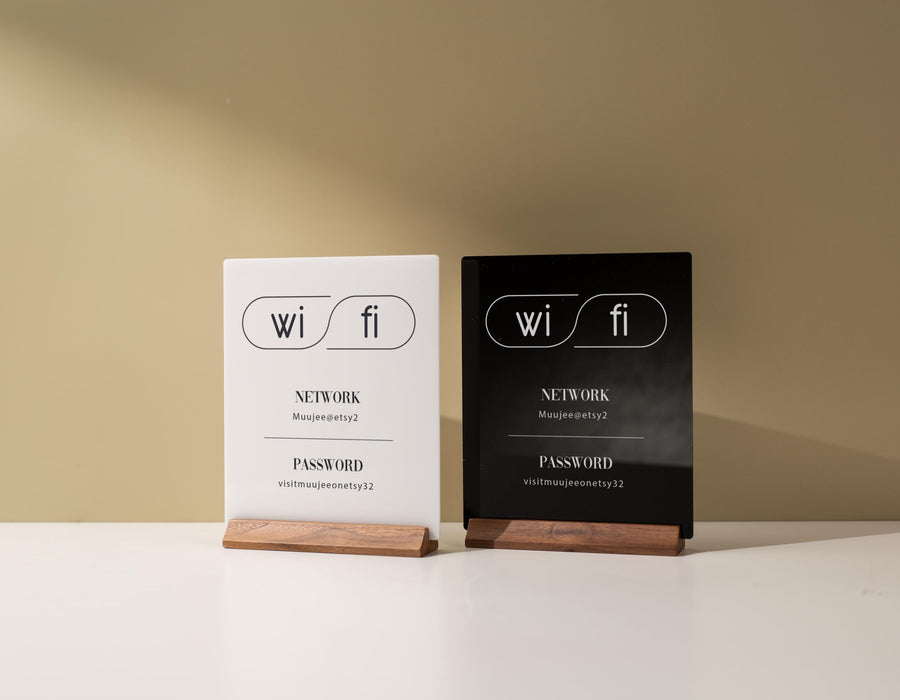 Wifi Acrylic Sign w/ Wood Base - 6.5 x 7.75" Table Signage for Home & Airbnb Rental, Custom Office Small Business Salons Restaurants Bar