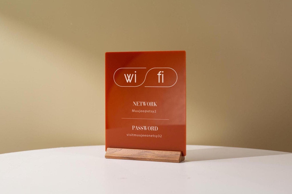 Wifi Acrylic Sign w/ Wood Base - 6.5 x 7.75" Table Signage for Home & Airbnb Rental, Custom Office Small Business Salons Restaurants Bar