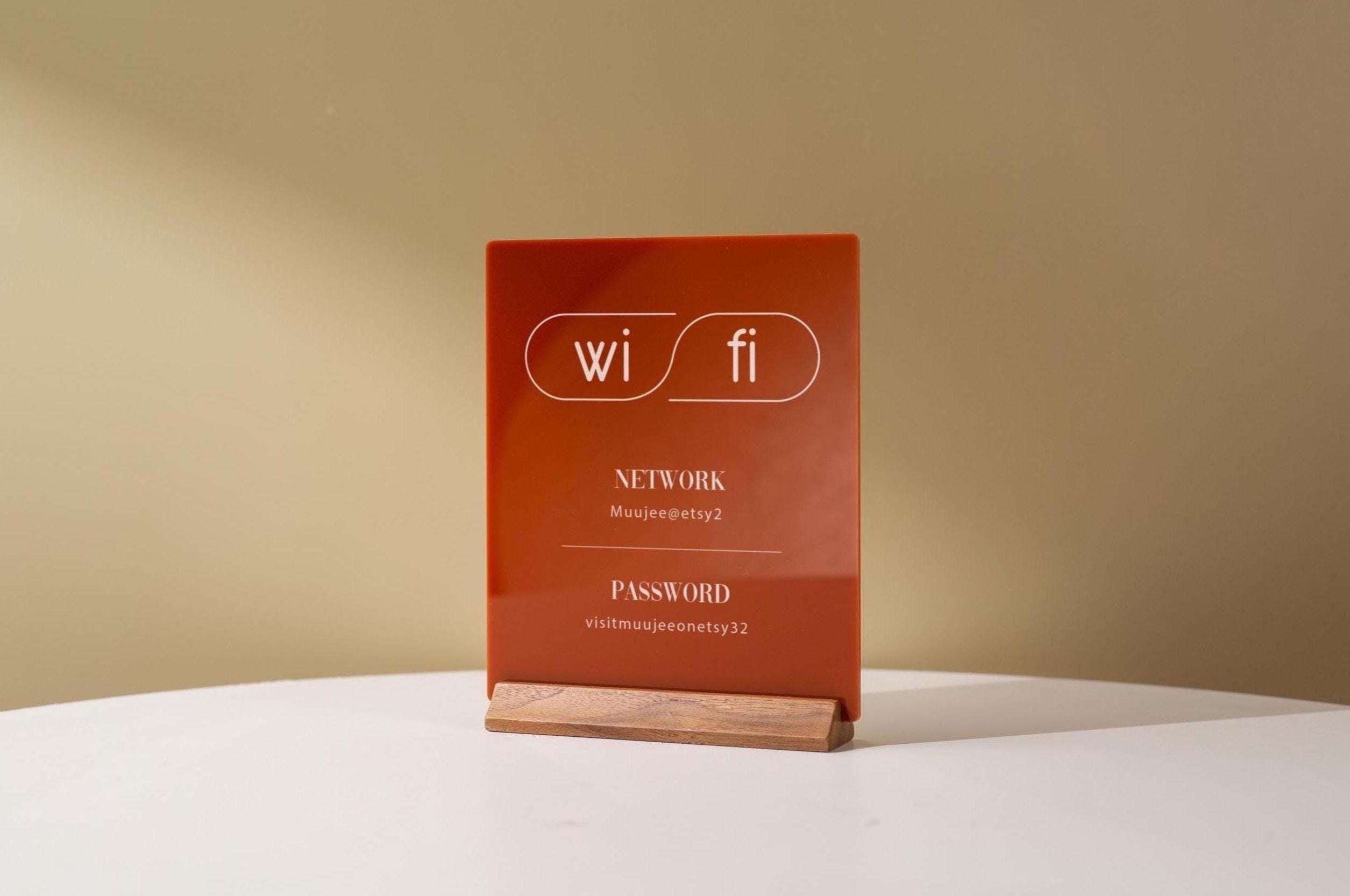 Wifi Acrylic Sign w/ Wood Base - 6.5 x 7.75" Table Signage for Home & Airbnb Rental, Custom Office Small Business Salons Restaurants Bar
