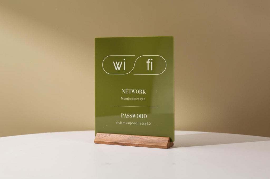 Wifi Acrylic Sign w/ Wood Base - 6.5 x 7.75" Table Signage for Home & Airbnb Rental, Custom Office Small Business Salons Restaurants Bar