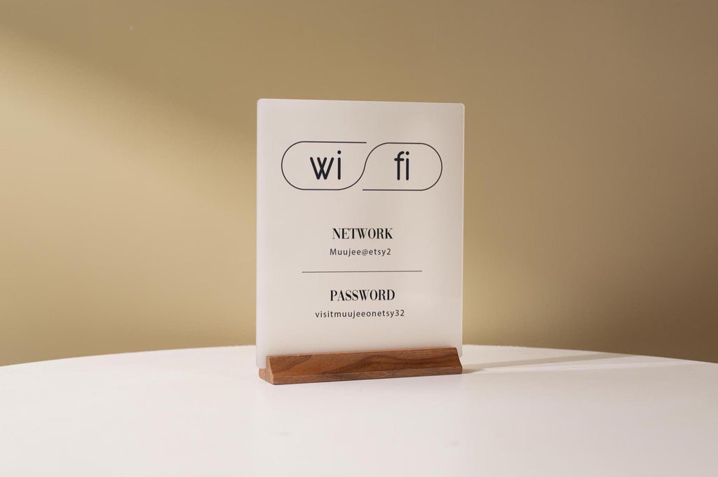 Wifi Acrylic Sign w/ Wood Base - 6.5 x 7.75" Table Signage for Home & Airbnb Rental, Custom Office Small Business Salons Restaurants Bar