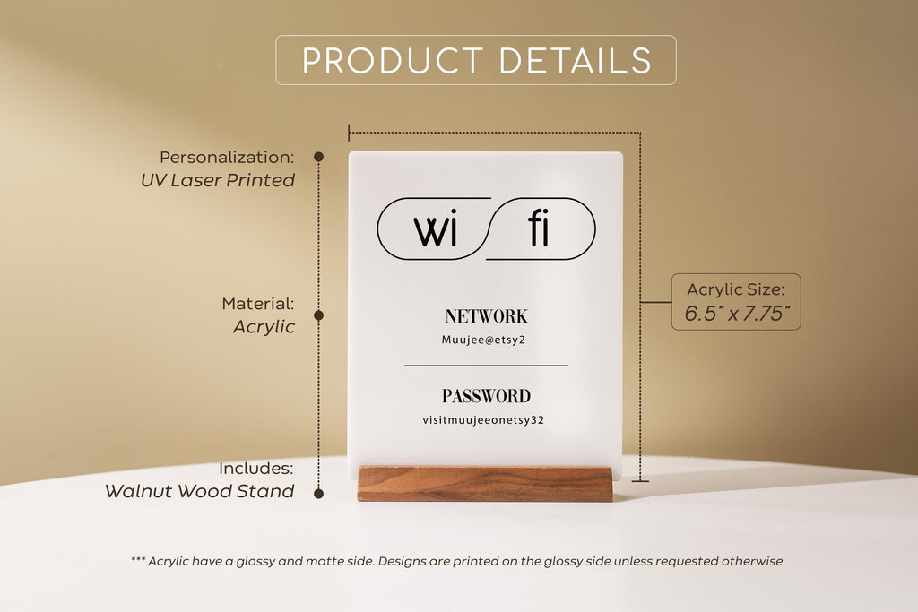 Wifi Acrylic Sign w/ Wood Base - 6.5 x 7.75" Table Signage for Home & Airbnb Rental, Custom Office Small Business Salons Restaurants Bar