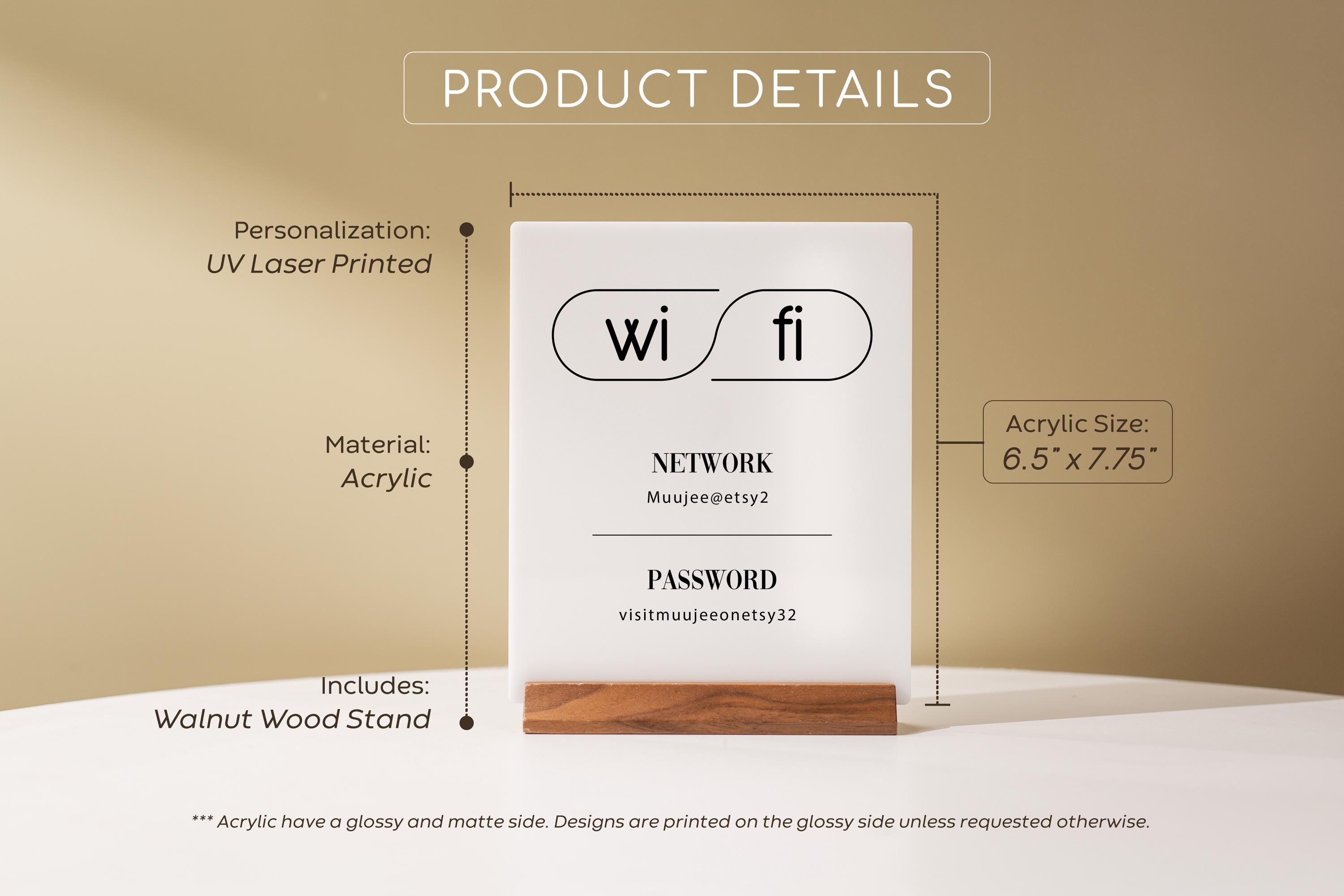 Wifi Acrylic Sign w/ Wood Base - 6.5 x 7.75" Table Signage for Home & Airbnb Rental, Custom Office Small Business Salons Restaurants Bar