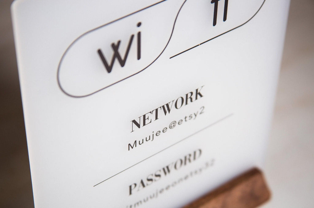 Wifi Acrylic Sign w/ Wood Base - 6.5 x 7.75" Table Signage for Home & Airbnb Rental, Custom Office Small Business Salons Restaurants Bar