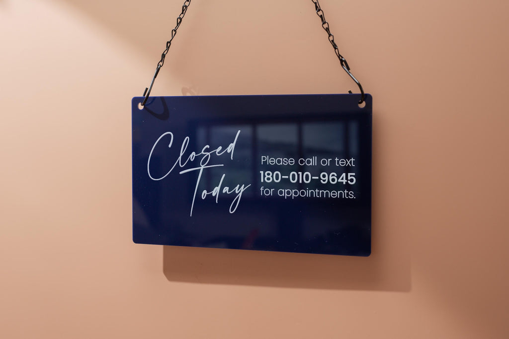 Hanging Acrylic Sign & Black Metal Chain (D8) - 11.5x7" Custom Window Office Home Business Door Wall Signage, On Break Open Closed Display
