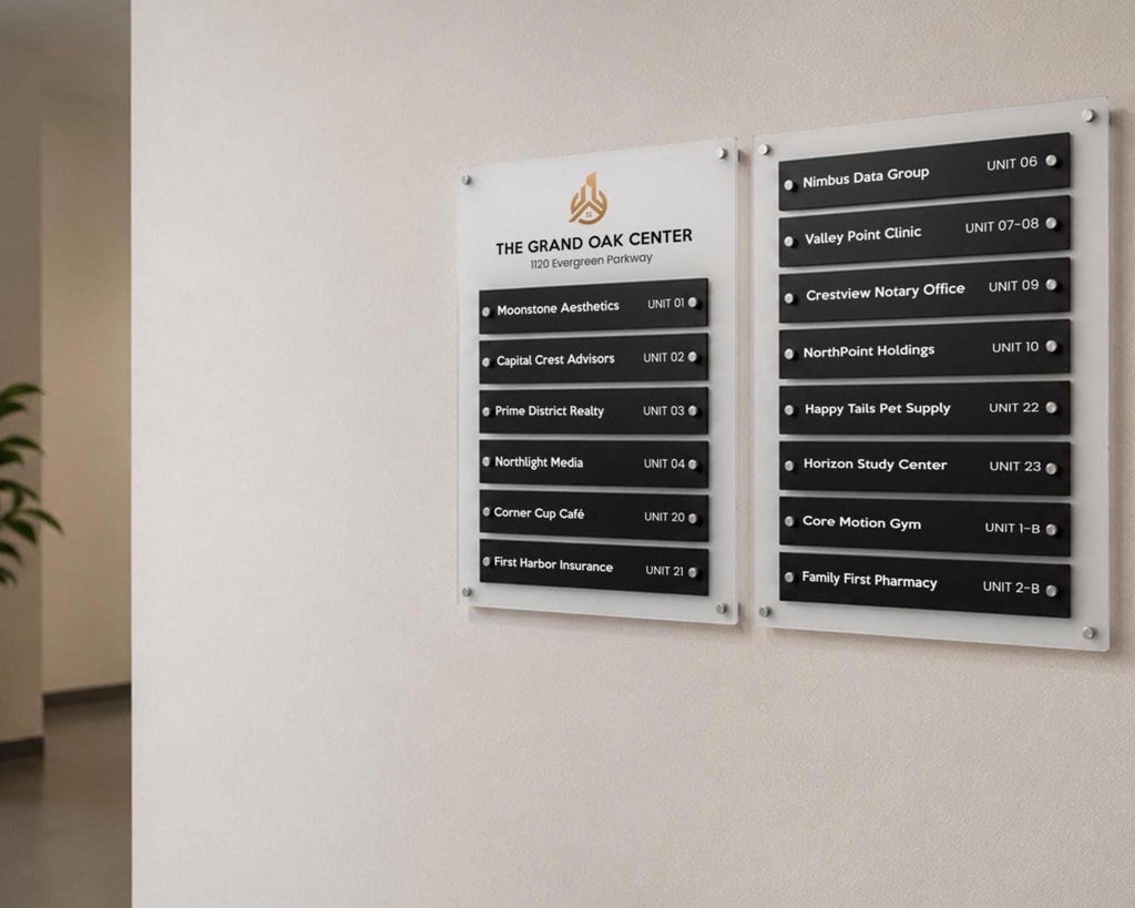 2pc Wall Directory Sign Set (Slim Plates) - Custom Office Clinic Lobby Door Building Tenants Business Logo Job Title Room Signage