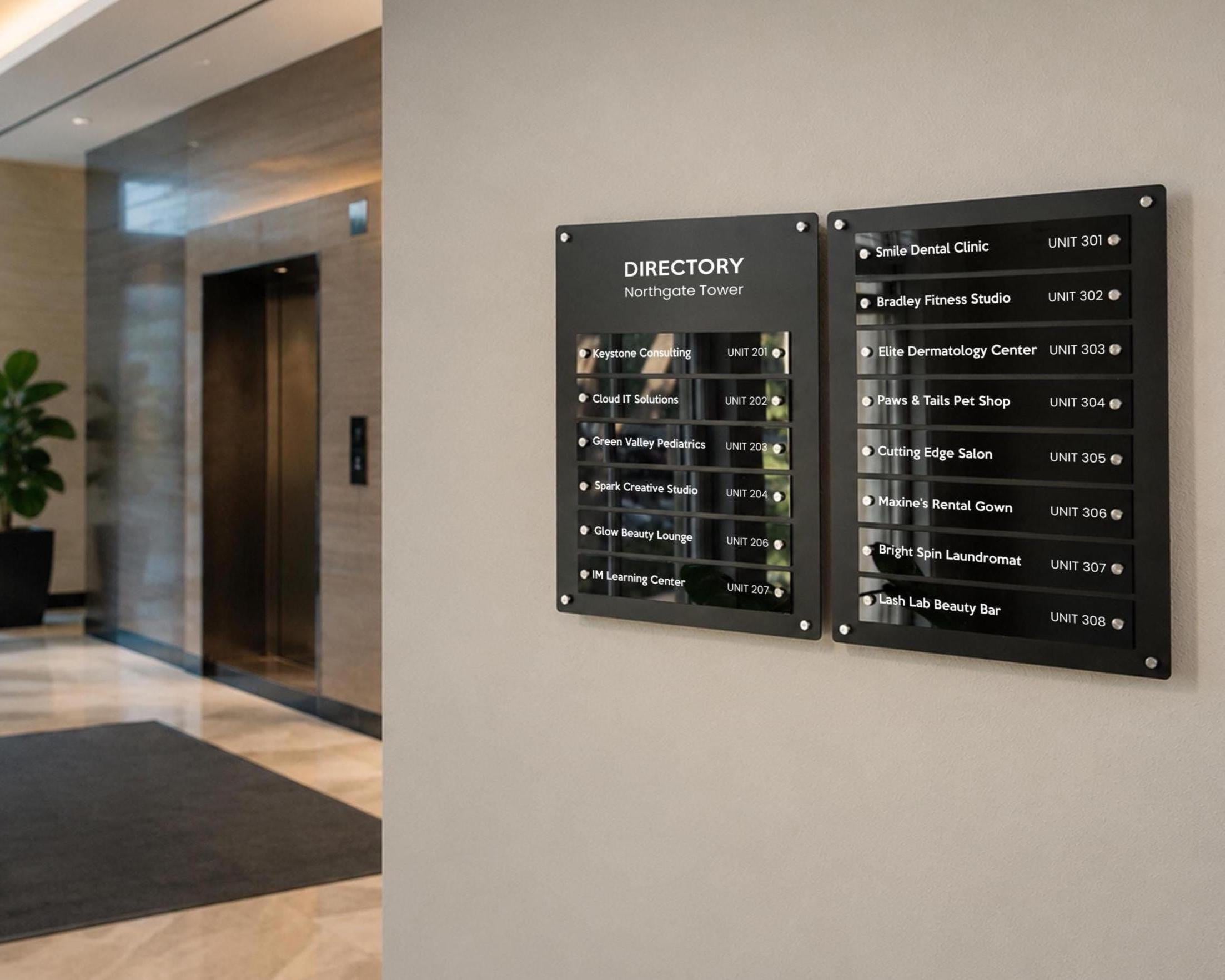 2pc Wall Directory Sign Set (Slim Plates) - Custom Office Clinic Lobby Door Building Tenants Business Logo Job Title Room Signage