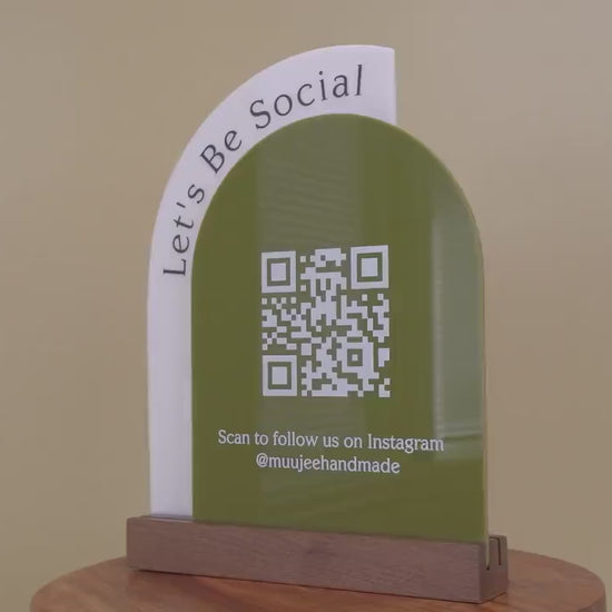 Full Arch Double Acrylic Sign w/ Walnut Base (QR Code D1) - Scannable Scan to Pay Signage, Business Website Social Media Venmo Craft Shows