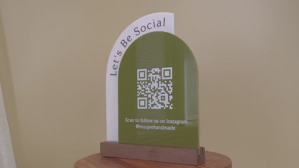 Full Arch Double Acrylic Sign w/ Walnut Base (QR Code D1) - Scannable Scan to Pay Signage, Business Website Social Media Venmo Craft Shows