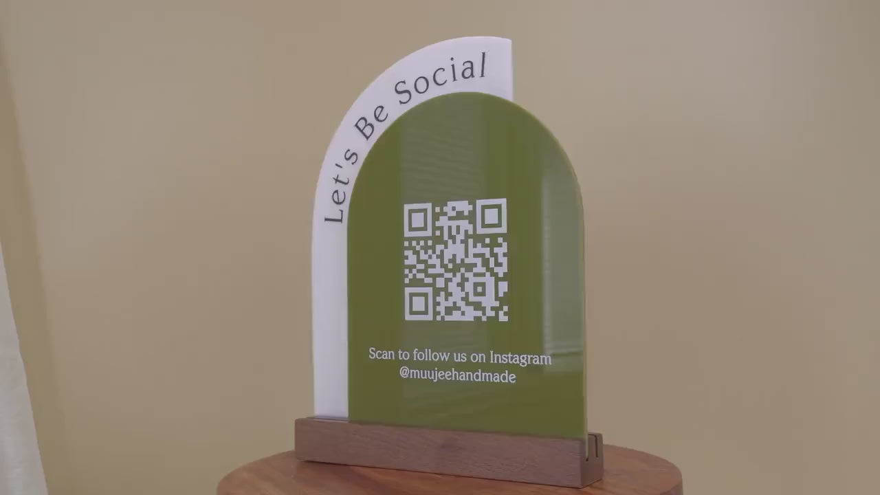 Full Arch Double Acrylic Sign w/ Walnut Base (QR Code D1) - Scannable Scan to Pay Signage, Business Website Social Media Venmo Craft Shows