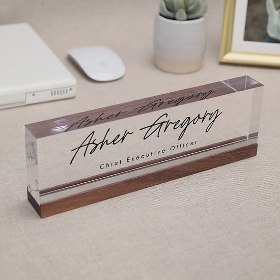 Personalized Acrylic Name Block (D5) - w/ Optional Wooden Base, Minimal Executive Desk Table CEO Sign, Job Office Decor, Graduation Gift