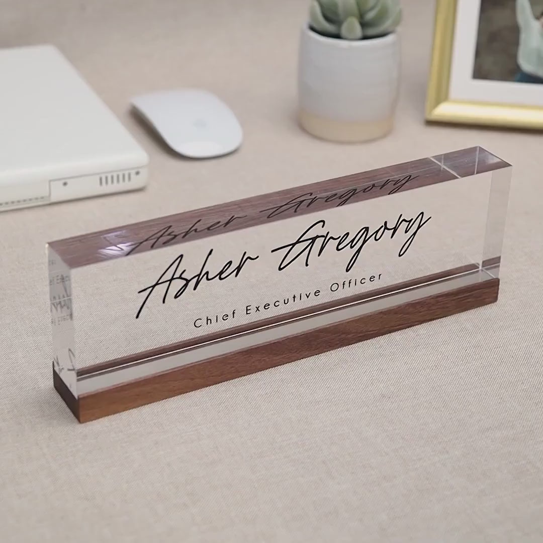 Personalized Acrylic Name Block (D5) - w/ Optional Wooden Base, Minimal Executive Desk Table CEO Sign, Job Office Decor, Graduation Gift