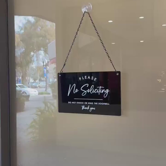 No Soliciting Hanging Acrylic Sign & Black Metal Chain - 11.5x7" Custom Window Sign, Office Home Door Signage Small Business Owner Gift
