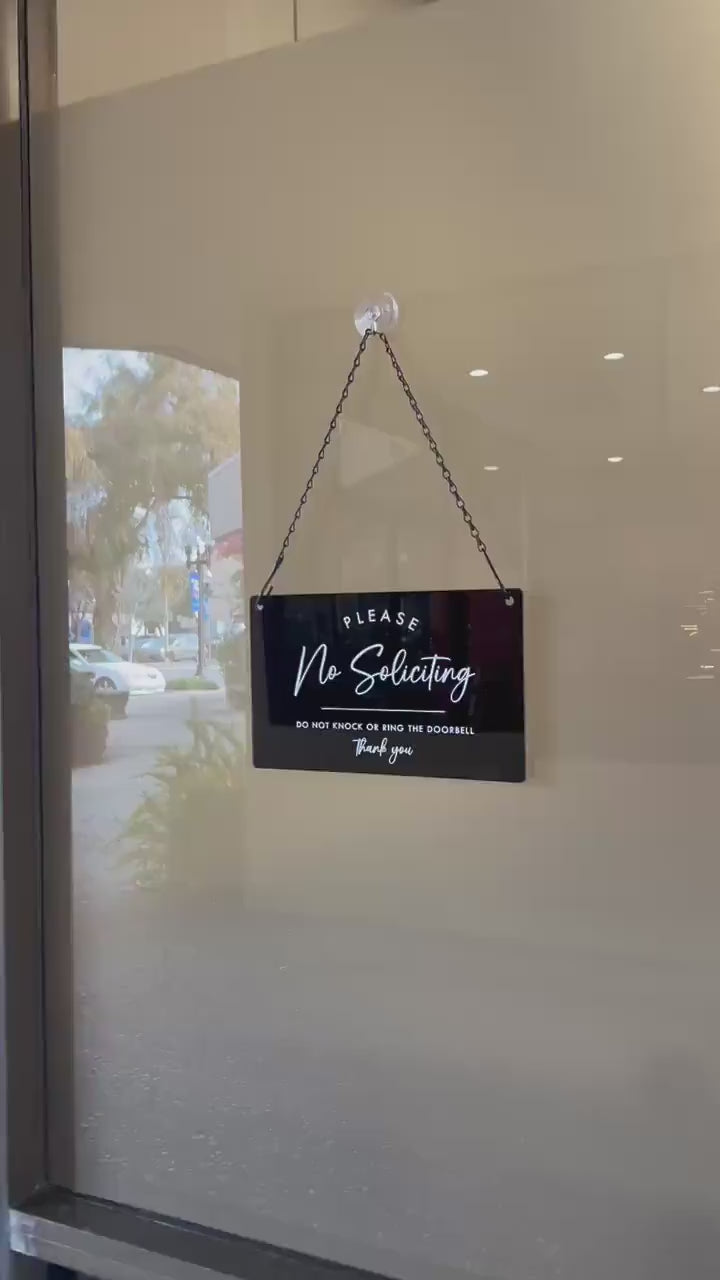 No Soliciting Hanging Acrylic Sign & Black Metal Chain - 11.5x7" Custom Window Sign, Office Home Door Signage Small Business Owner Gift