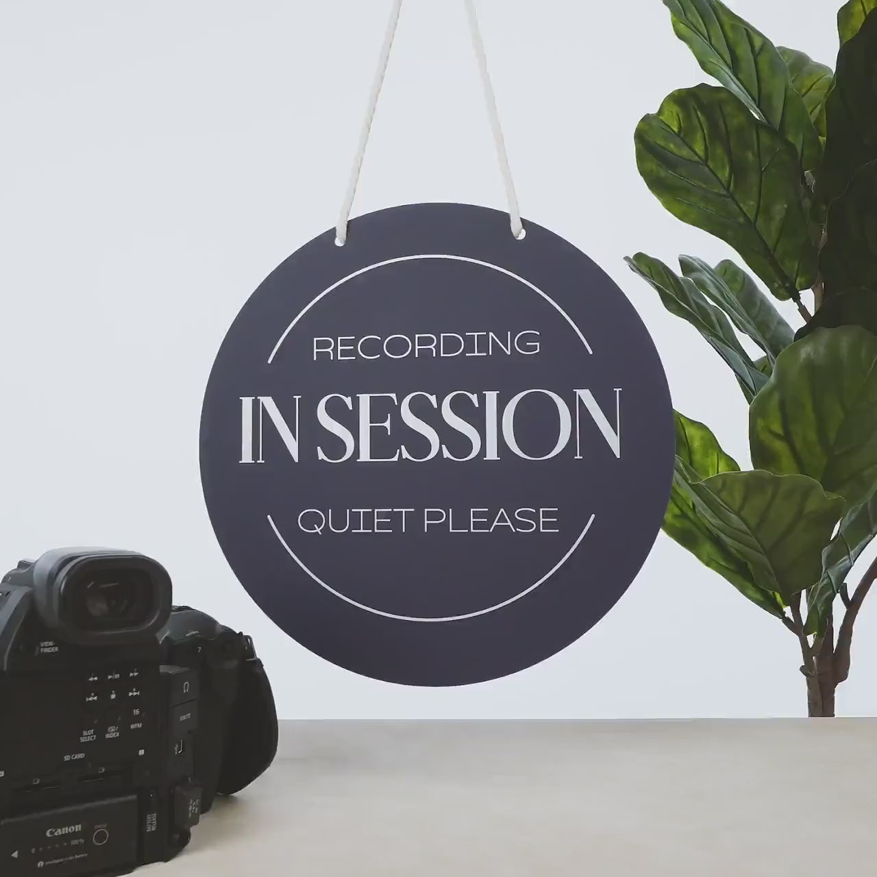 Round Hanging Acrylic Sign (Recording) w/ White Rope - custom signage for office home rental door, small business logo sign, trade show