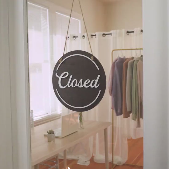 Open Closed Wood Hanging Sign (Design 2) - Double Sided Small Business Sign For Hair Salon Spa Window Indoor Outdoor Signage w/ White Rope