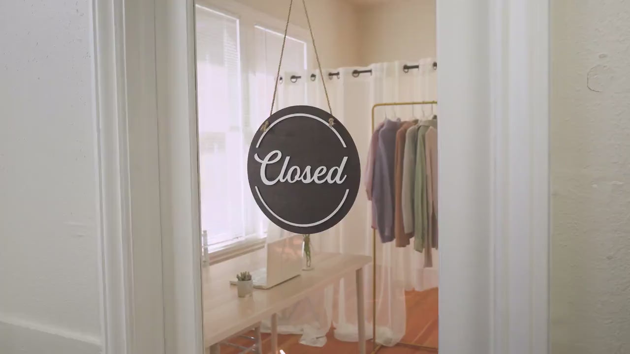 Open Closed Wood Hanging Sign (Design 2) - Double Sided Small Business Sign For Hair Salon Spa Window Indoor Outdoor Signage w/ White Rope