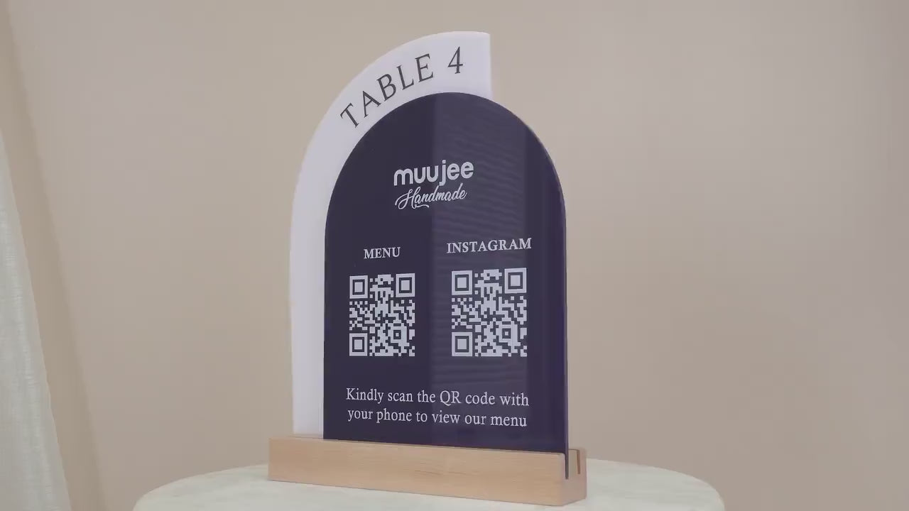 Full Arch Double Acrylic Sign (2 QR Codes w/ Logo) - Scannable Scan to Pay Table Market Signs Business Website Social Media Venmo (Design1)