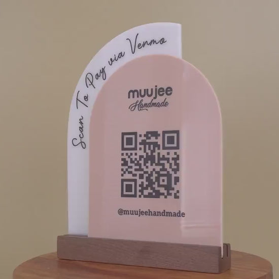 Full Arch Double Acrylic Sign w/ Walnut Base (QR Code D3) - Scannable Scan to Pay Signage, Business Website Social Media Venmo Craft Shows