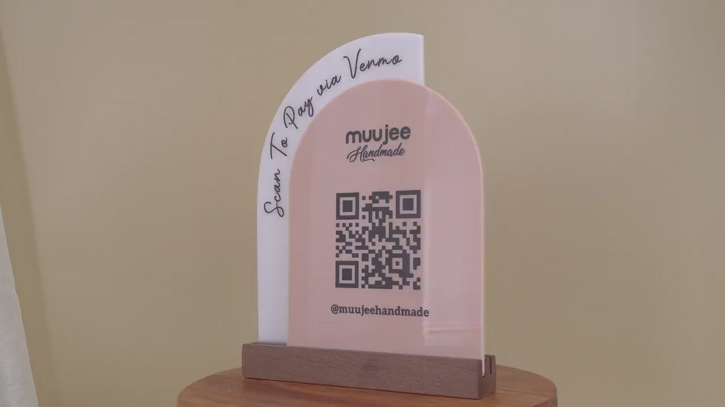 Full Arch Double Acrylic Sign w/ Walnut Base (QR Code D3) - Scannable Scan to Pay Signage, Business Website Social Media Venmo Craft Shows
