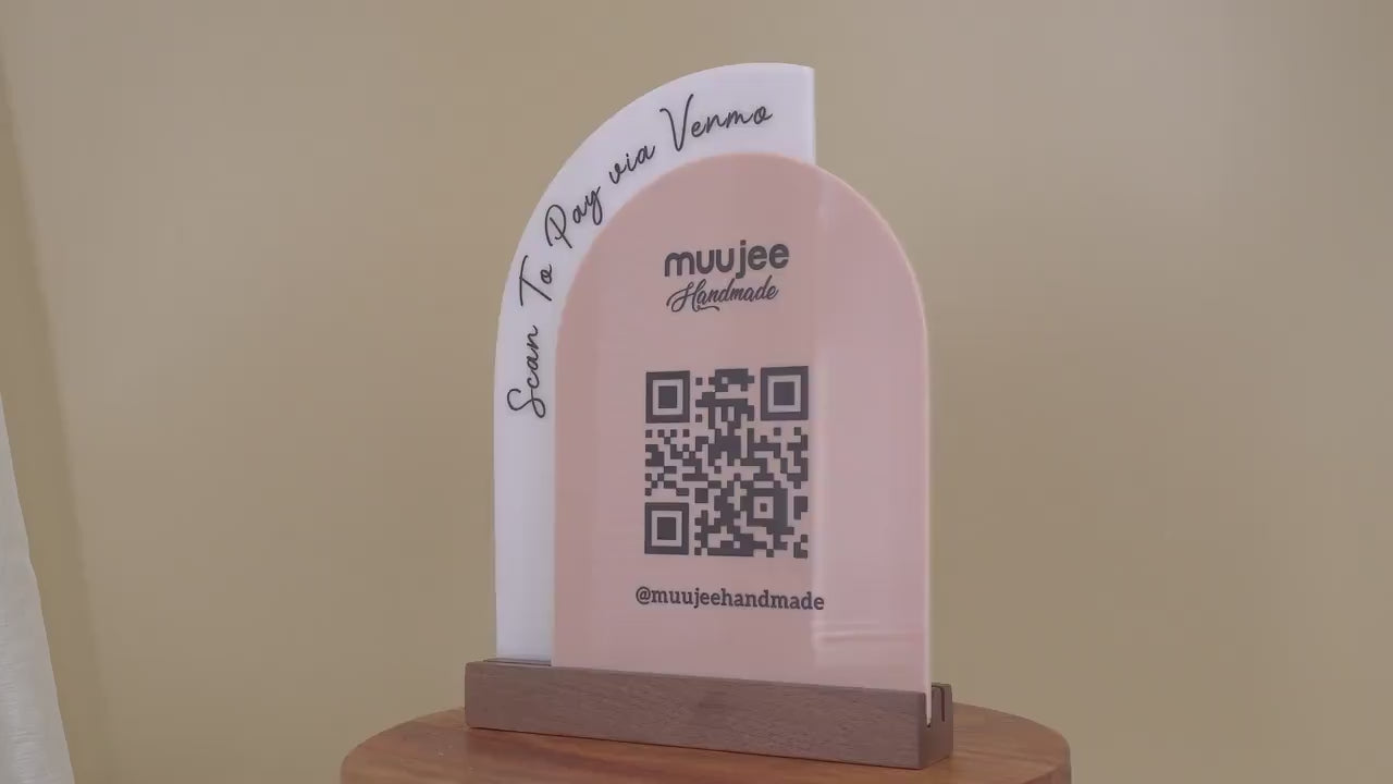 Full Arch Double Acrylic Sign w/ Walnut Base (QR Code D3) - Scannable Scan to Pay Signage, Business Website Social Media Venmo Craft Shows