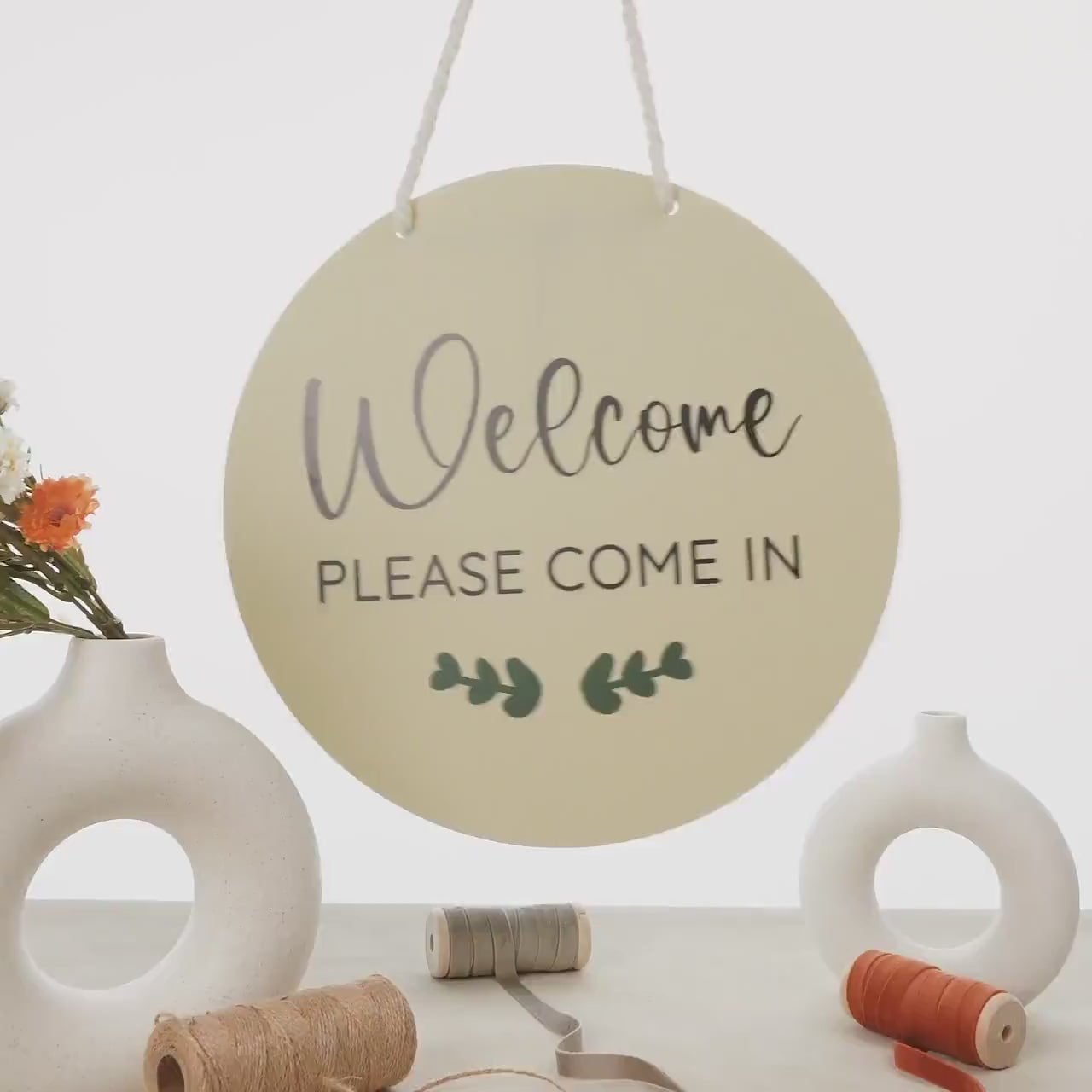 Round Hanging Acrylic Sign (Welcome) w/ White Rope - custom signage for office home rental door, small business logo sign, trade show signs