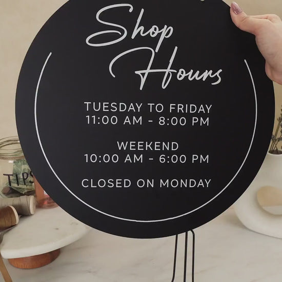 Round Acrylic Sign (Store Hours) w/ No Holes - custom signage for office home rental door, small business, spa salon operation hours signs