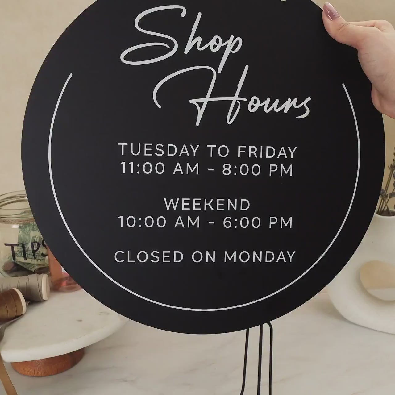 Round Acrylic Sign (Store Hours) w/ No Holes - custom signage for office home rental door, small business, spa salon operation hours signs