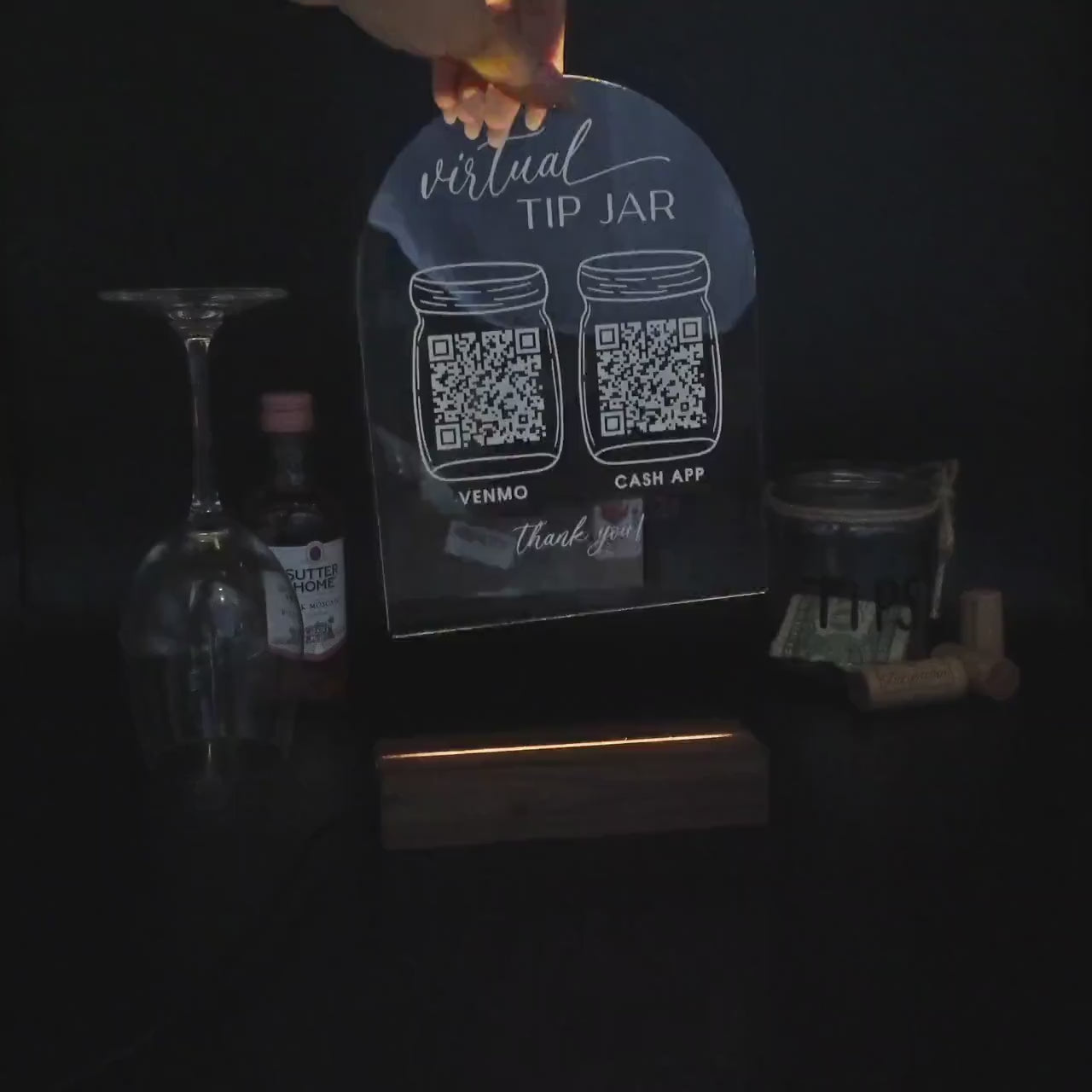 Arched QR Code Sign & Light Up LED Stand (Virtual Tip Jar) - Scan for Tips Payment Venmo Paypal Cashapp, Restaurant Bars Bartender Sign