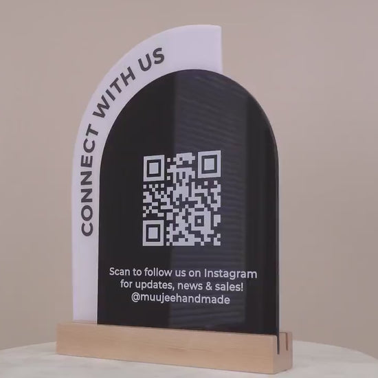 Full Arch Double Acrylic Sign w/ Maple Base (QR Code D2) - Scannable Scan to Pay Signage, Business Website Social Media Venmo Craft Shows