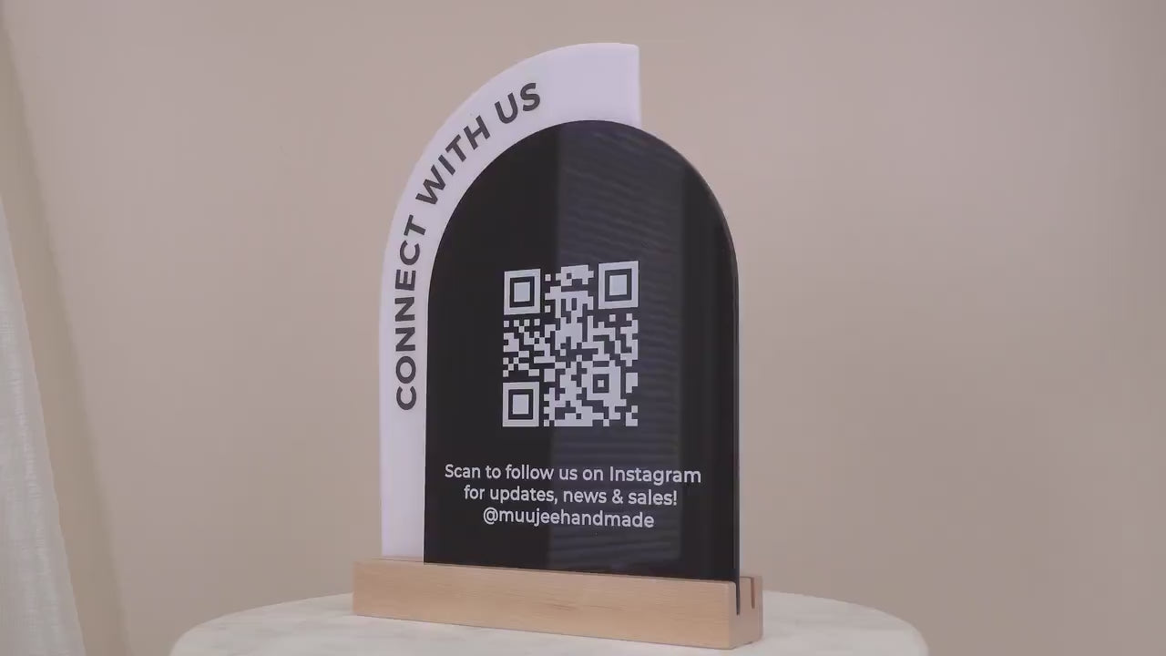Full Arch Double Acrylic Sign w/ Maple Base (QR Code D2) - Scannable Scan to Pay Signage, Business Website Social Media Venmo Craft Shows