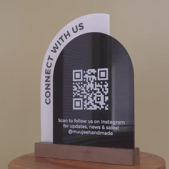 Full Arch Double Acrylic Sign w/ Walnut Base (QR Code D2) - Scannable Scan to Pay Signage, Business Website Social Media Venmo Craft Shows