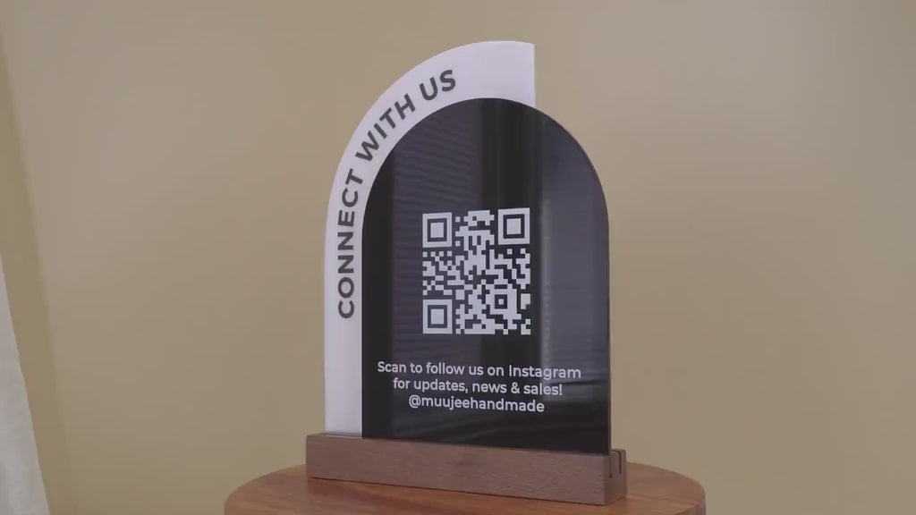 Full Arch Double Acrylic Sign w/ Walnut Base (QR Code D2) - Scannable Scan to Pay Signage, Business Website Social Media Venmo Craft Shows